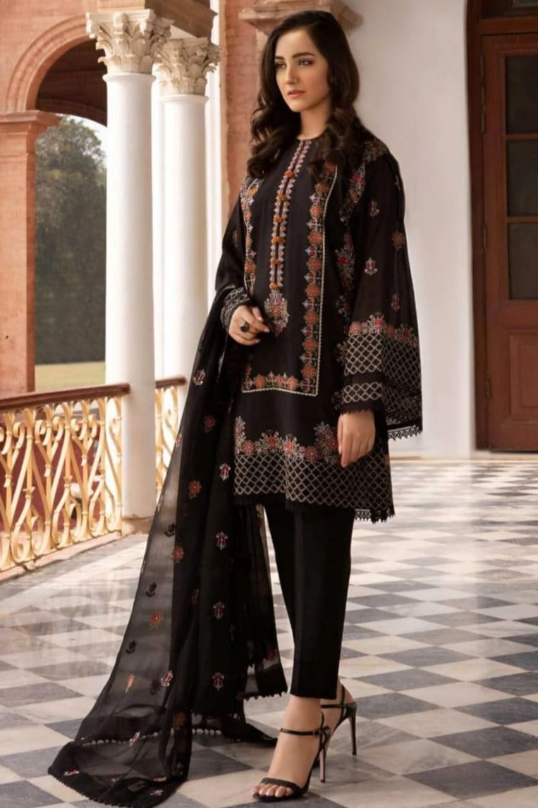 RR-465 Lawn Unstitched Embroidered 3pc Suit With Bamber Chiffon Embroidered Dupatta