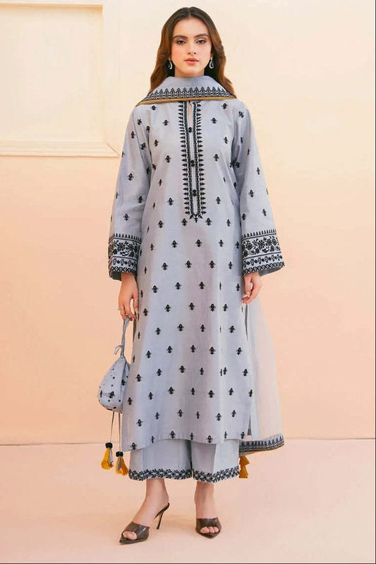 RR-AS2775 Unstitched Embroidered Lawn 3pc Suit With Organza Embroidered Dupatta