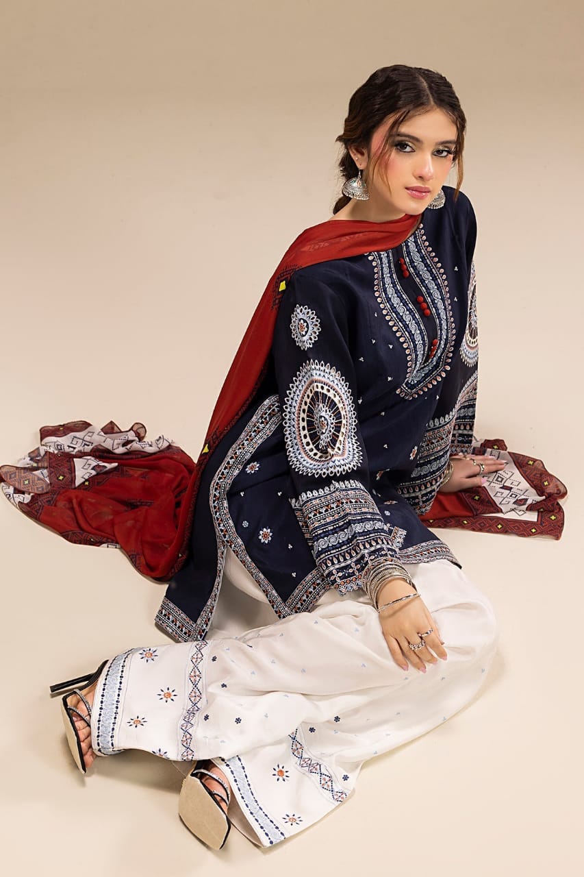 RR-RR610 Unstitched Fully Embroidered Lawn Suit With Digital Printed Monar Dupatta