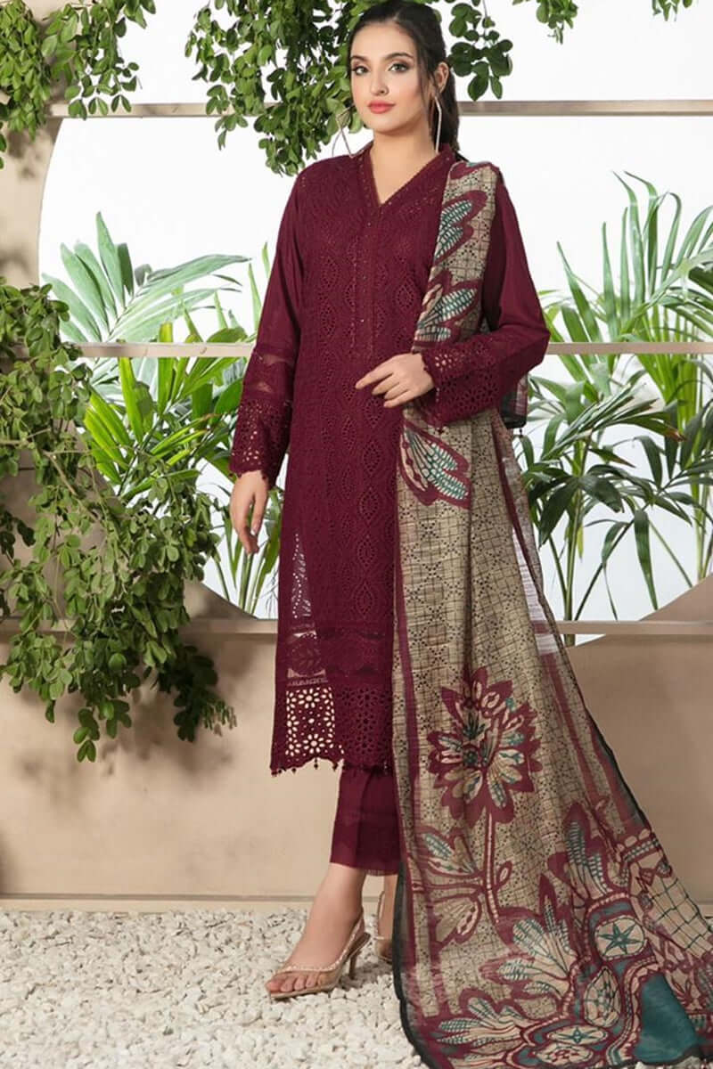 RR-100 Lawn Embroidered 3pc Suit With Monar Zari Dupatta