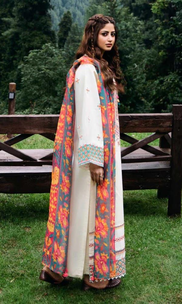 RR-SP2575 Unstitched Fully Embroidered Lawn Suit With Digital Printed Monar Dupatta