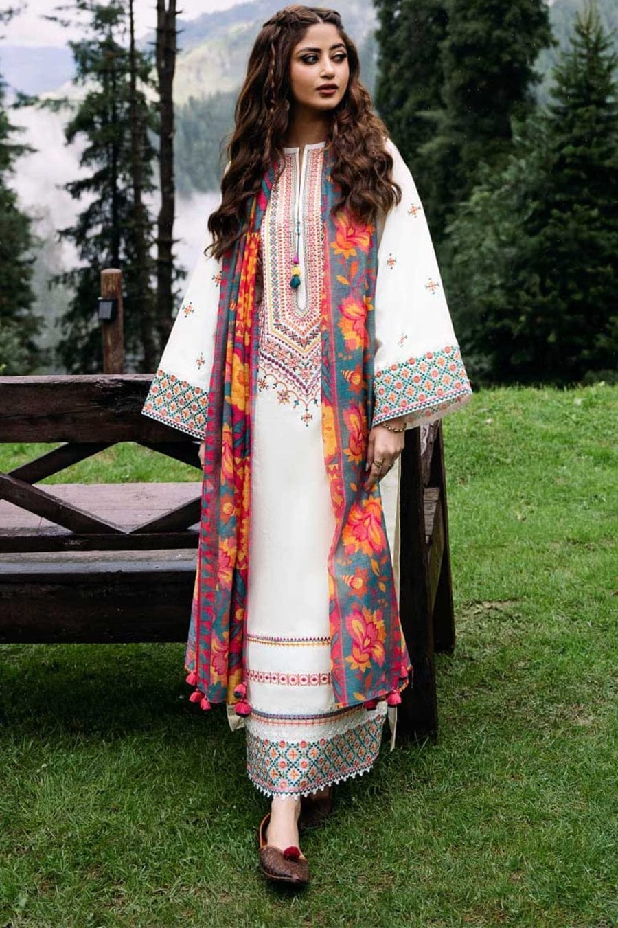 RR-SP2575 Unstitched Fully Embroidered Lawn Suit With Digital Printed Monar Dupatta