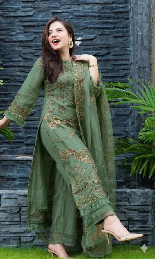 RR-1100 Sage Green Un-Stitched Lawn Embroidered 3pc With Organza Embroidered Dupatta