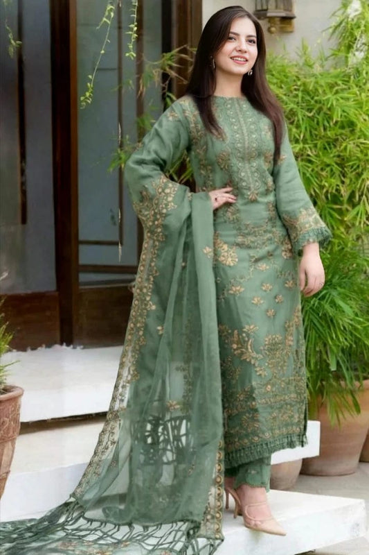 RR-1100 Sage Green Un-Stitched Lawn Embroidered 3pc With Organza Embroidered Dupatta