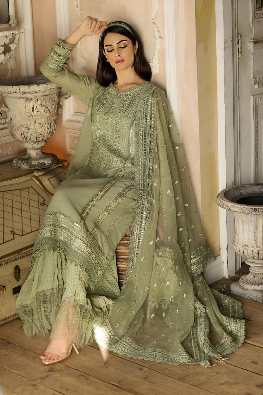 RR-SN60 3Pc Sequence Embroidered Lawn Suit With Sequence Embroidered Organza Dupatta