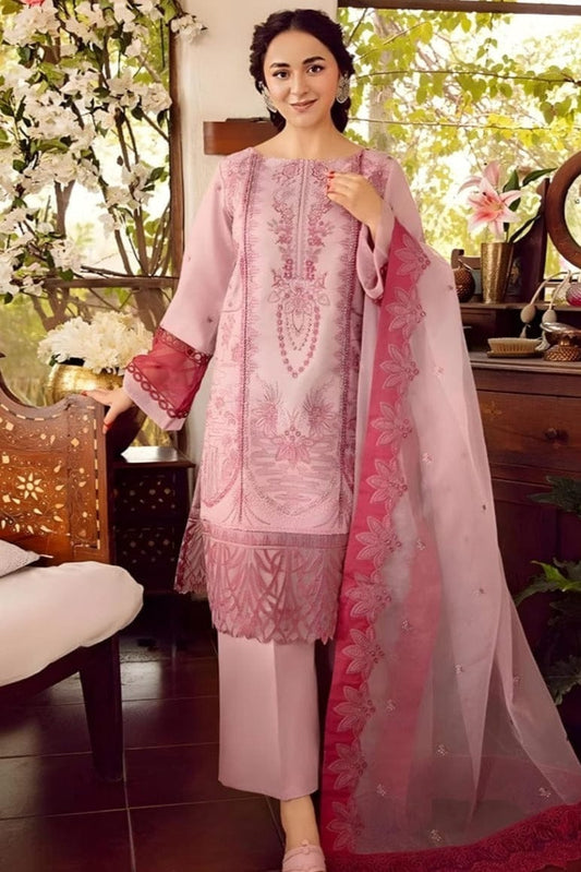 RR-RA46 Embroidered Unstitched Lawn 3Pc Suit With Organza Embroidered Dupatta