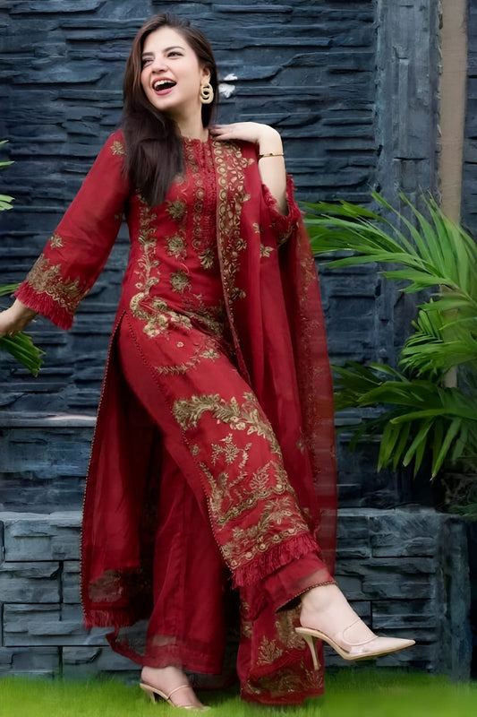 RR-1101 Un-Stitched Lawn Embroidered 3pc With Organza Embroidered Dupatta